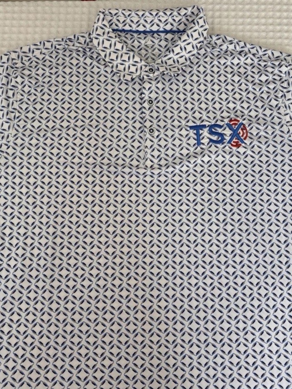 White and Royal Blue Men’s XL Polo shirt with Geometric Print for Golf, Office,